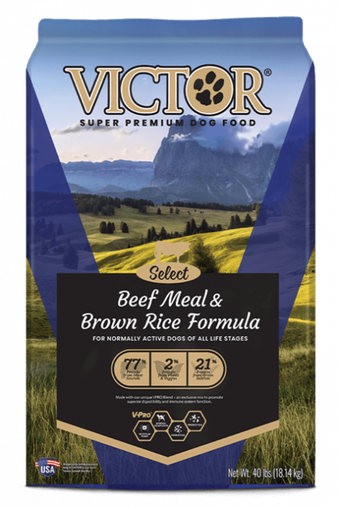Victor Super Premium Dog Food, Select Beef Meal & Brown Rice Formula, 40 pound bag, front label