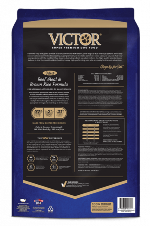 Victor Super Premium Dog Food, Select Beef Meal & Brown Rice Formula, 40 pound bag, back label
