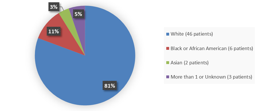 Pie chart summarizing how many White, Black or African American, Asian, and other patients were in the clinical trial. In total, 46 (81%) White patients, 6 (11%) Black or African American patients, 2 (3%) Asian patients, and 3 (5%) More than 1 race or Unknown patients participated in the clinical trial.