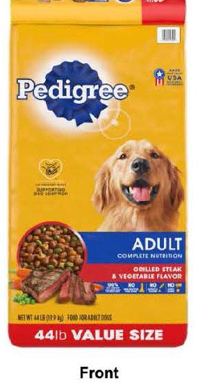 Image 1: “Front Label of Pedigree Adult Complete Nutrition Grilled Steak & Vegetable Flavor, 44 lb.”