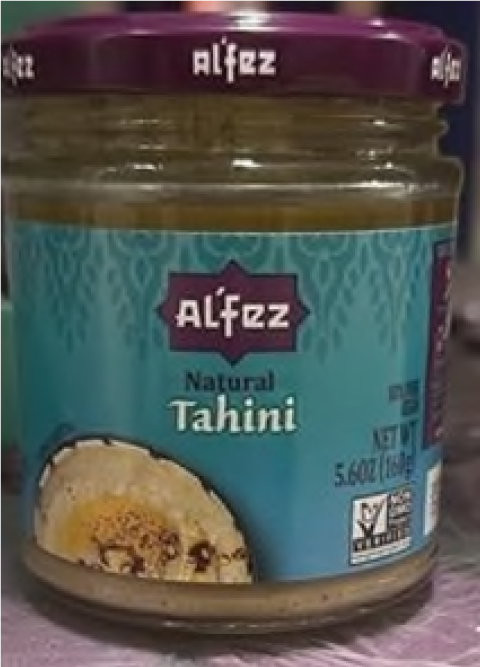 Image 1: “Front label panel of Al’Fez Natural Tahini, 5.6 oz.”