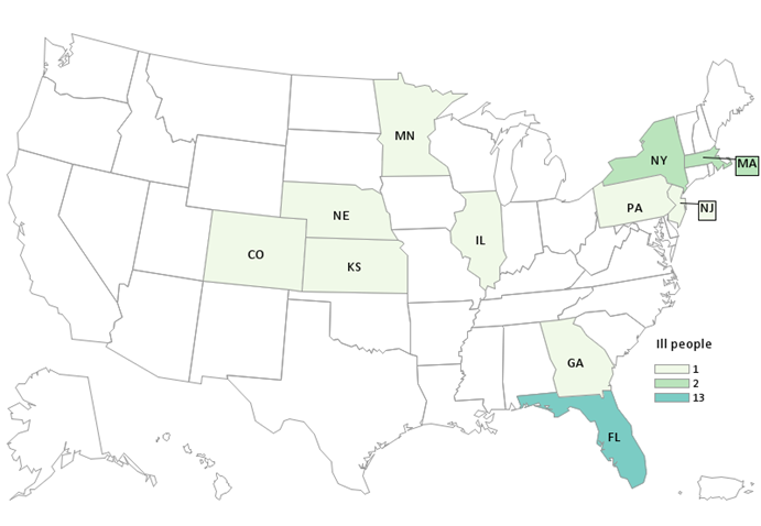Outbreak Investigation of Listeria Monocytogenes in Florida-Based Big Olaf Ice Cream (July 2022) - CDC Case Count Map as of August 4, 2022