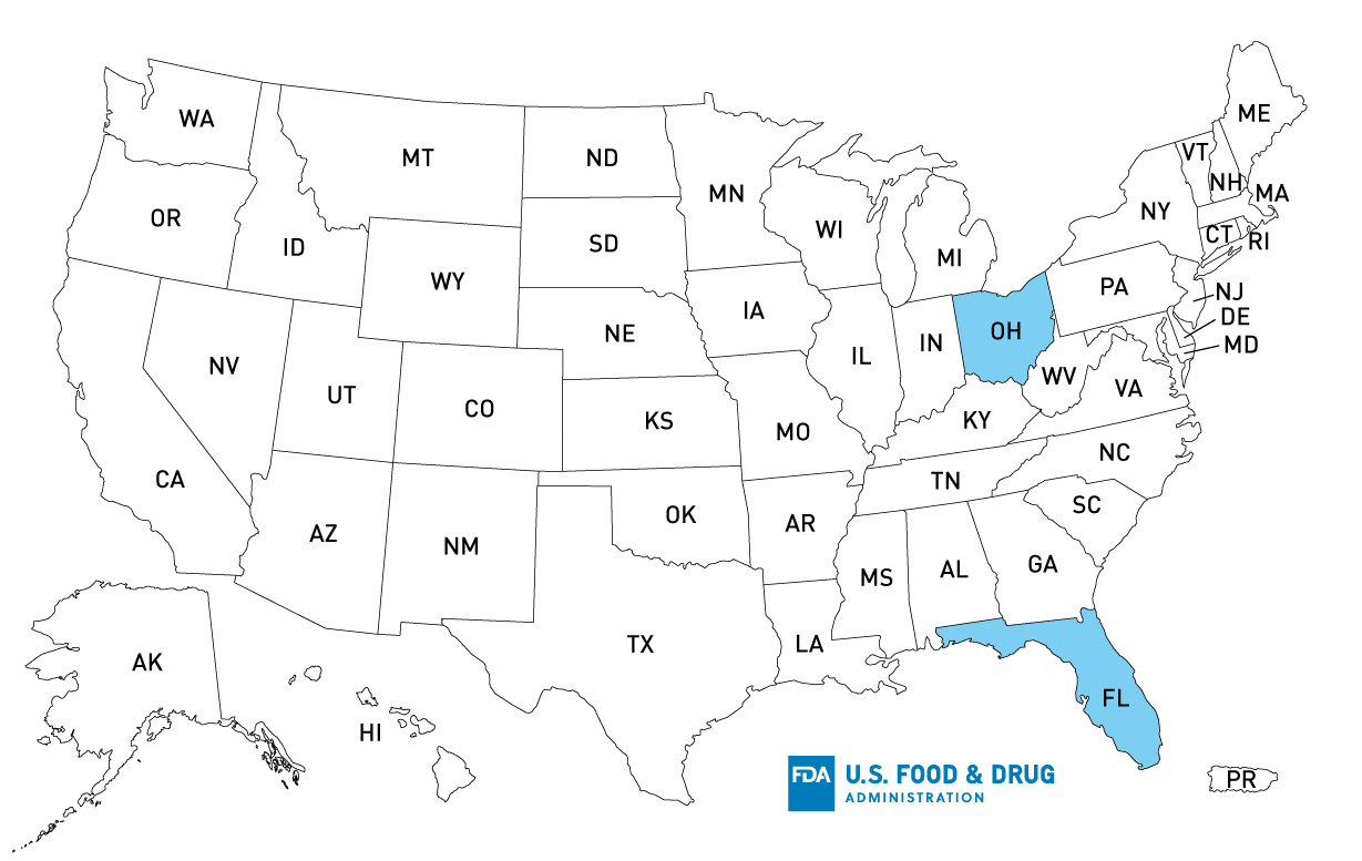 Outbreak Investigation of Listeria Monocytogenes from Florida-Based Ice Cream - Map of U.S. Distribution of Recalled Ice Cream (July 13, 2022)