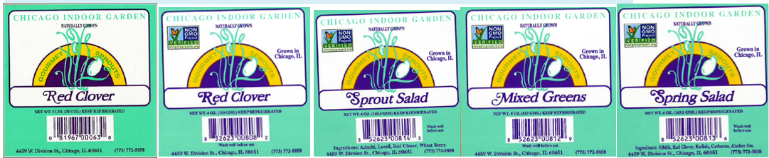 Sample Labels of Chicago Indoor Garden Sprout Products
