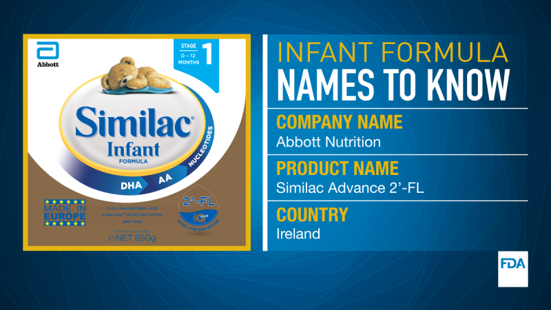 Infant formula names to know. Company name is Abbott Nutrition. Product name is Similac Advance 2'-FL. It comes from Ireland.