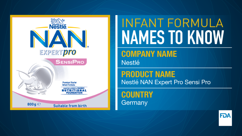 Infant formula names to know. Company name is Nestle. Product name is Nestle NAN Expert Pro Sensi Pro. It comes from Germany.