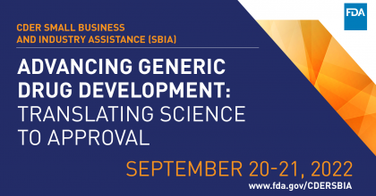 Dark blue background with text promoting the Advancing Generic Drug Development: Translating Science to Approval event on September 20 and 21