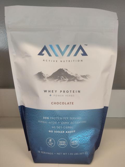 “Aivia Whey Protein + Power Herbs, Chocolate, 1.35 LBS.”