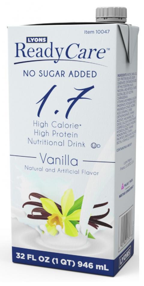 Lyons Ready Care No Sugar Added 1.7 High Calorie High Protein Nutritional Drink Vanilla 12ct/32 fl oz cartons