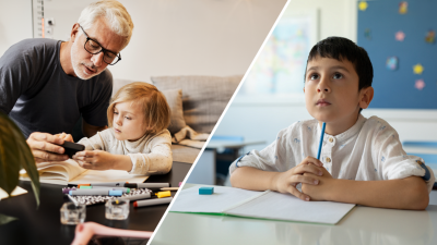 Collage de dos imágenes. En uno, un padre le muestra algo a un niño pequeño en su teléfono y en el otra, un niño mira al techo mientras sostiene un lápiz en su barbilla en un salón de clases.
