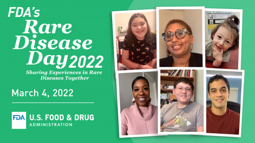 Image with a green background promoting "FDA's Rare Disease Day 2022" on March 4th.
