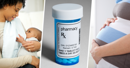 Photo collages of a breastfeeding mom, a bottle of prescription pills, and a pregnant woman
