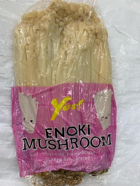 Front label, 150g Yes! Enoki Mushrooms