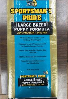 Front label SPORTSMAN’S PRIDE LARGE BREED PUPPY FORMULA, 40 lb bag