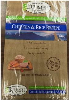 Front label TRIUMPH CHICKEN & RICE RECIPE, 16 lb bag