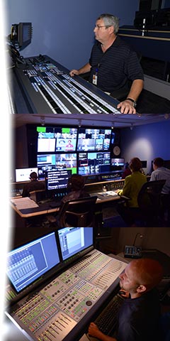 Collage of the FDA Studio’s Grass Valley Karerra video switcher, broadcast control room, and the Audio Finishing part of the seven AVID editing suite complex.