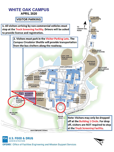 Map showing location of visitor parking on the White Oak Campus