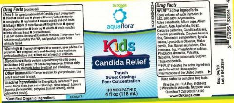 "Product label, Dr. Kings Aquaflora Kids Candida Relief 4 fl oz"