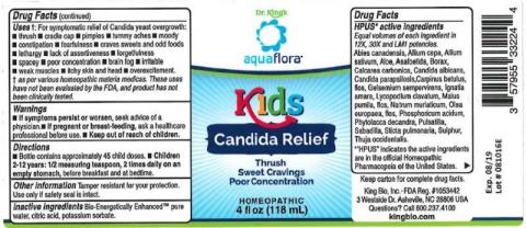 "Product label, Dr. Kings Aquaflora Kids Candida Relief 4 fl oz"