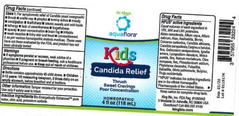 "Product label, Dr. Kings Aquaflora Kids Candida Relief 4 fl oz"