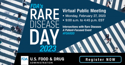 Graphic with dark blue background and White cross walk lines. It also has white text, aligned to the left of the image, that reads "FDA's Rare Disease Day 2023."