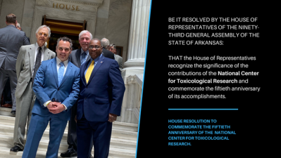 Arkansas Research Alliance staff -- Bryan Barnhouse, Jerry Adams, and Art Norris -- with Representative Kenneth Ferguson, the lead sponsor of HR 1047