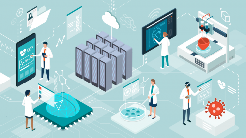 stylized illustration of medical professionals and scientists using various networked devices to conduct tests and research, including various monitors and tablets, racks of computers hard drives,  blood samples, a human heart, and virus samples