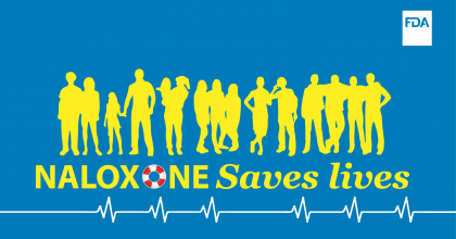 Yellow silhouette of a group of people embracing each other, with a blue background. The bottom half of the image reads "Naloxone Saves lives"