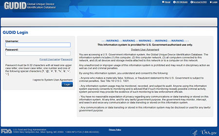Image of the log-in page for the GUDID Global Unique Device Identification Database. The page includes fields for Username and Password and a Login button as well as the System User Agreement for accessing a U.S. Government Information System.