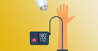 illustration of a salt shaker and a person's arm with a blood pressure monitor showing a dangerously high blood pressure reading of 180 over 110.