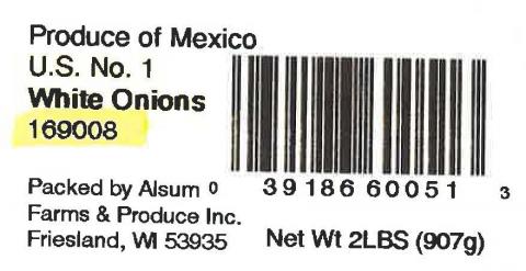 Alsum Farms & Produce Inc. White Onions label Bar code and Lot code 2 LBS