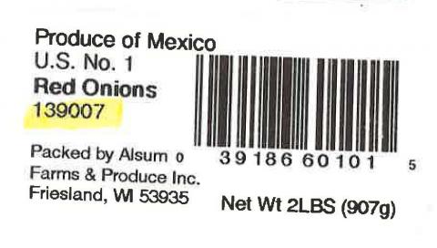 Alsum Farms & Produce Inc. Red Onions label Bar code and Lot code 2 LBS