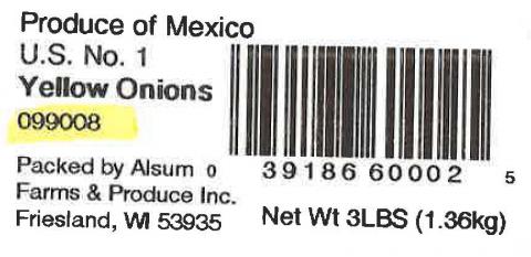 Alsum Farms & Produce Inc. Yellow Onions label Bar code and Lot code 3 LBS