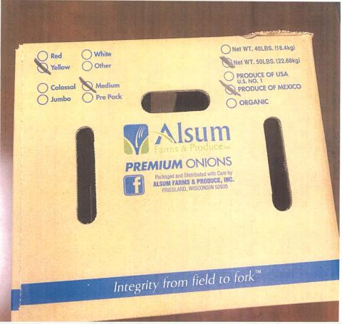 Alsum Farms & Produce Inc. Yellow Onions 40 LBS carton box