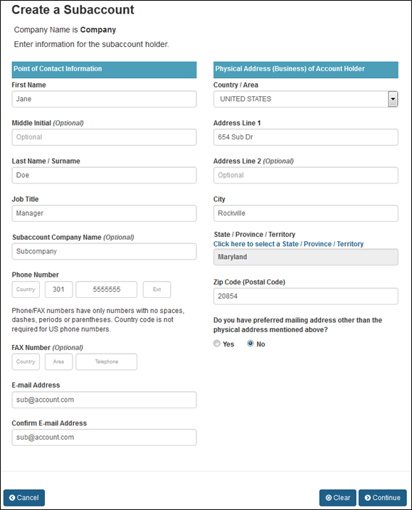 OAA Create a Subaccount - Step 1