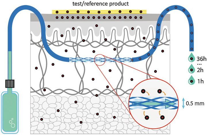 open-flow microperfusion method for monitoring the amount of a topical drug in the skin showing liquid being sent through a 0.5 millimeter tube