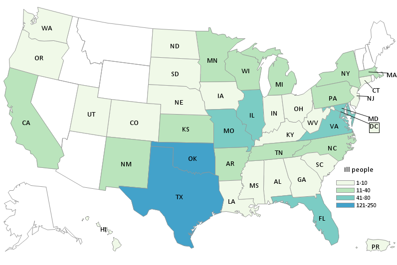 Outbreak Investigation of Salmonella Oranienburg in Whole, Fresh Onions: Case Count Map Provided by CDC (February 2, 2022)