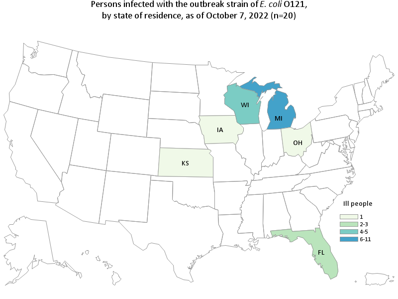 Outbreak Investigation of E. coli O121: Frozen Falafel (October 2022) - CDC Case Count Map as of October 7, 2022