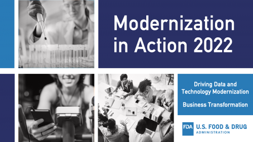 Modernization in Action 2022. Driving Data and Technology Modernization. Business Transformation. Upper left image of lab technician filling test tubes in lab. Lower left image of woman on exercise bike using fitness app. Lower right image of diverse group of people sitting at conference table.