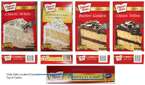 Images of product labeling with UPC and code date location example for Duncan Hines Classic White, Confetti Cake, Butter Golden, Classic Yellow