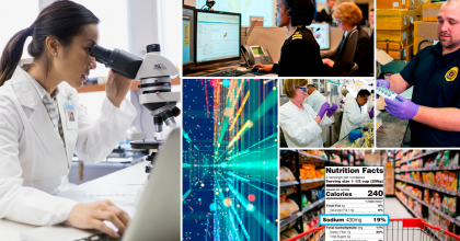 Collage of FDA images. Left image of scientist looking through microscope. Top middle image of two Public Health Service officers at computer. Top right image of FDA inspector holding confiscated drugs in warehouse. Bottom right image of grocery store aisle and overlay of nutrition label. Middle image of scientists in lab running tests. Middle bottom image of abstract technology background.