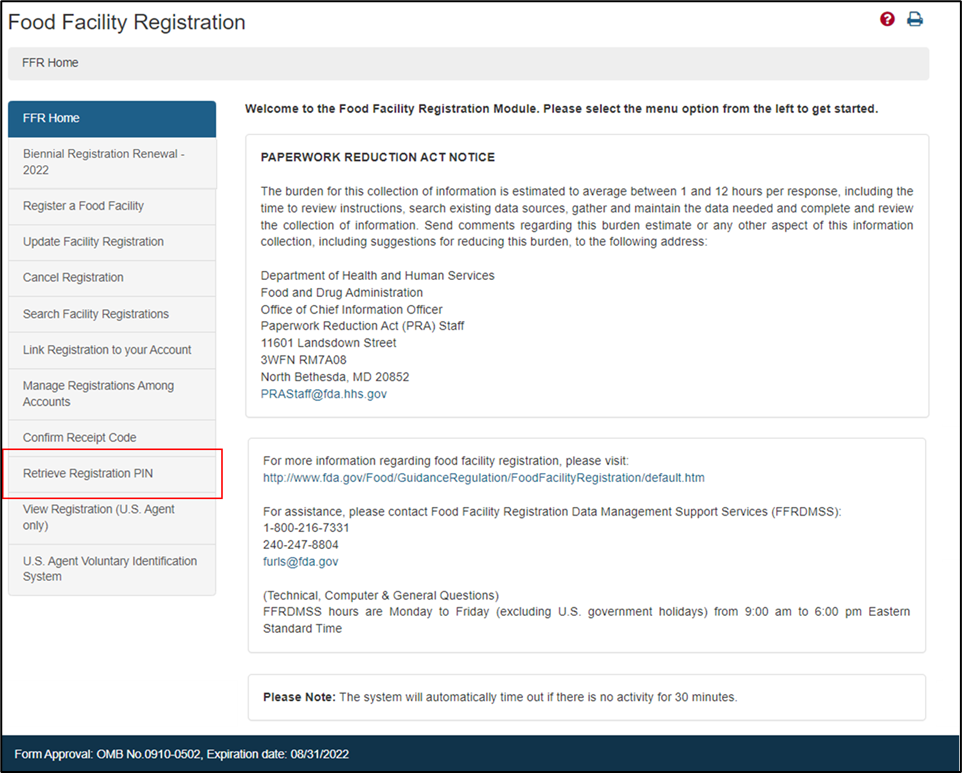 Figure 1 – Retrieve Registration PIN Option