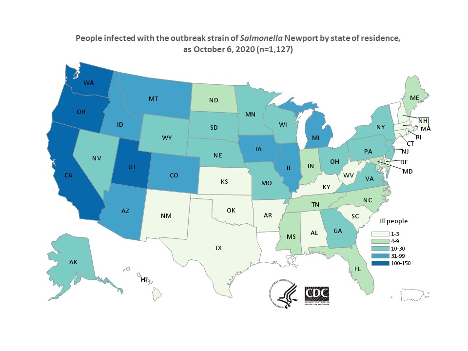 Outbreak Investigation of Salmonella Newport: Red Onions - October 6, 2020 Case Count Map Provided by CDC