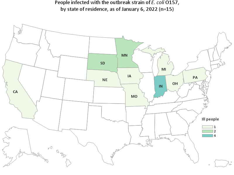 Outbreak Investigation of E. Coli O157:H7 in Spinach: Case Count Map Provided by CDC (January 6, 2022)