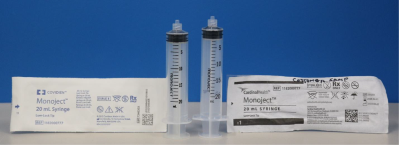 Examples of the Covidien Monoject syringes (compatible) on the left, and the Cardinal Health Monoject syringes (not compatible) on the right.   