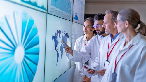 Scientists collaborating using a white board, illustrating alternative methods partnerships