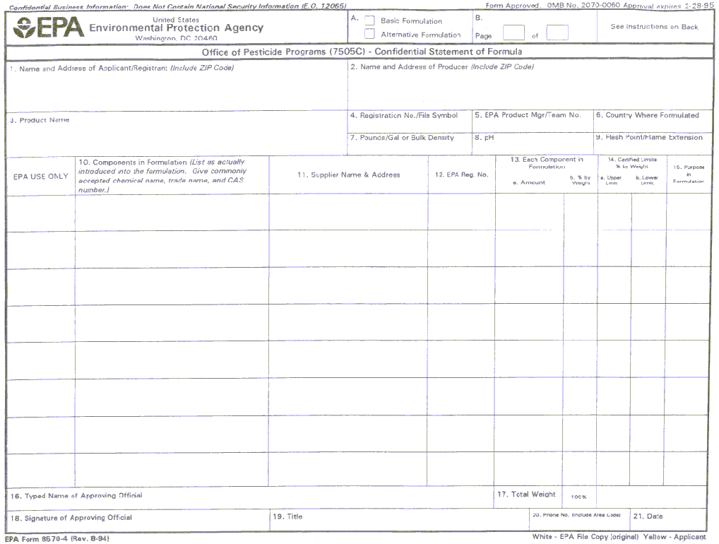 sample EPA Confidential Statement of Formula