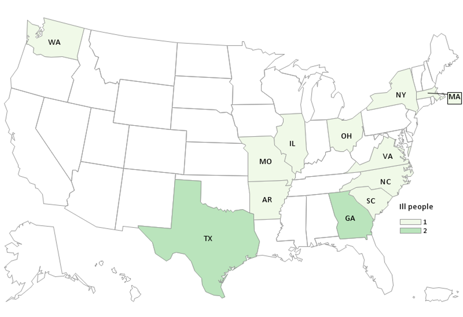 Outbreak Investigation of Salmonella in Peanut Butter (May 2022) - CDC Case Count Map as of May 20, 2022