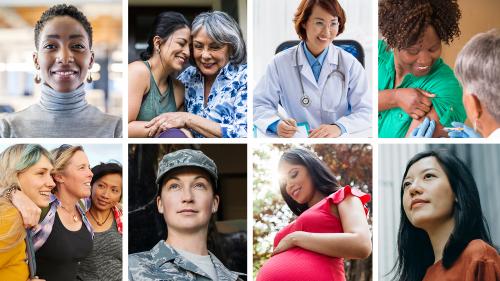 8 photos of 12 women of various ages, ethnicities and occupations.