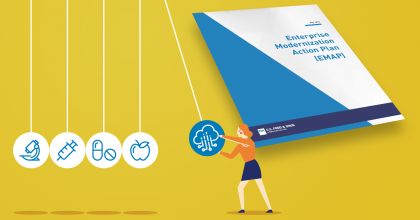 Illustration graphic of woman holding pendulum with internet cloud icon, about to let go into other pendulum balls with apple, pills, syringe, and microscope icons. Right side of illustration is the report cover of the Enterprise Modernization Action Plan (EMAP).